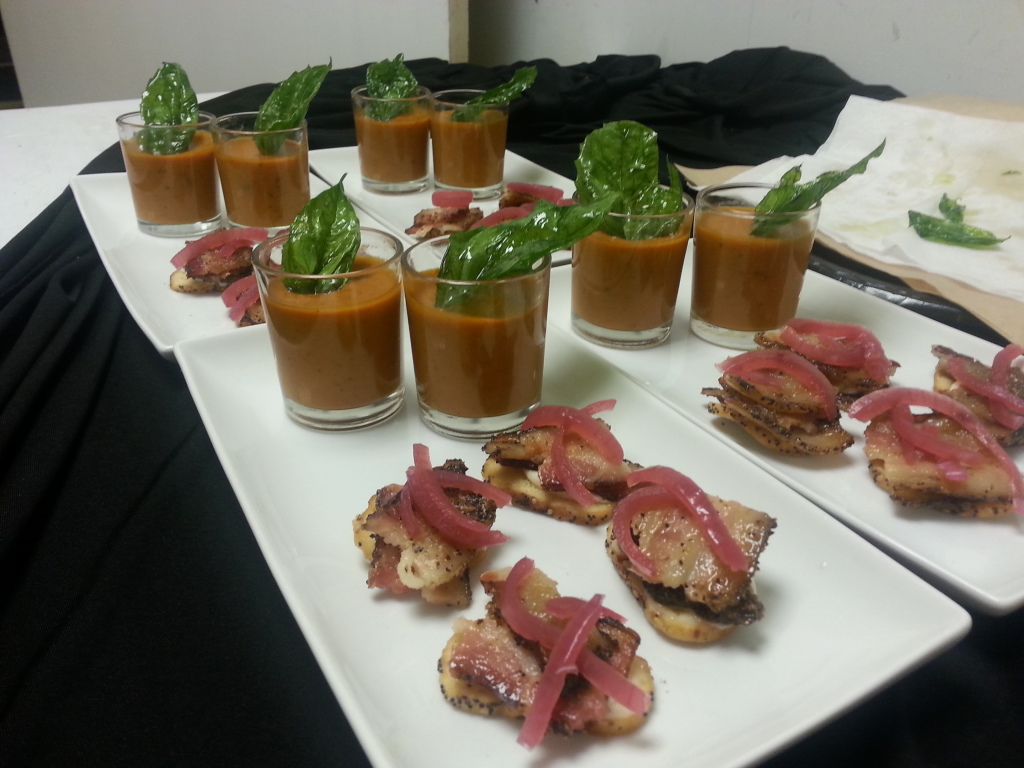 141012 Kings Dominion Haunt VIP Meal (Duo of Tomato Basil Soup Shooter with Fried Basil Leaf and Grilled Pork Belly with Garlic Aioli, Pickled Onions on Toasted Baguette)